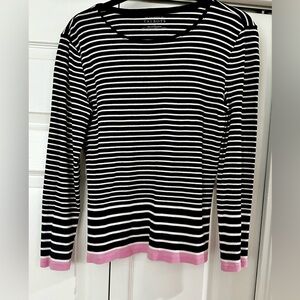 Talbots Navy and White Striped Women's Top with Pink Trim